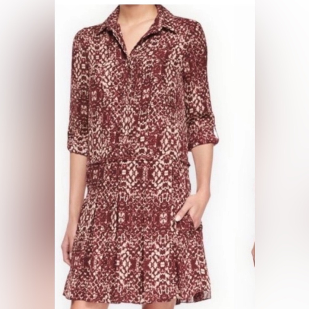 Haute Hippie Red and Cream 3/4 Sleeve Notched Collar Dress